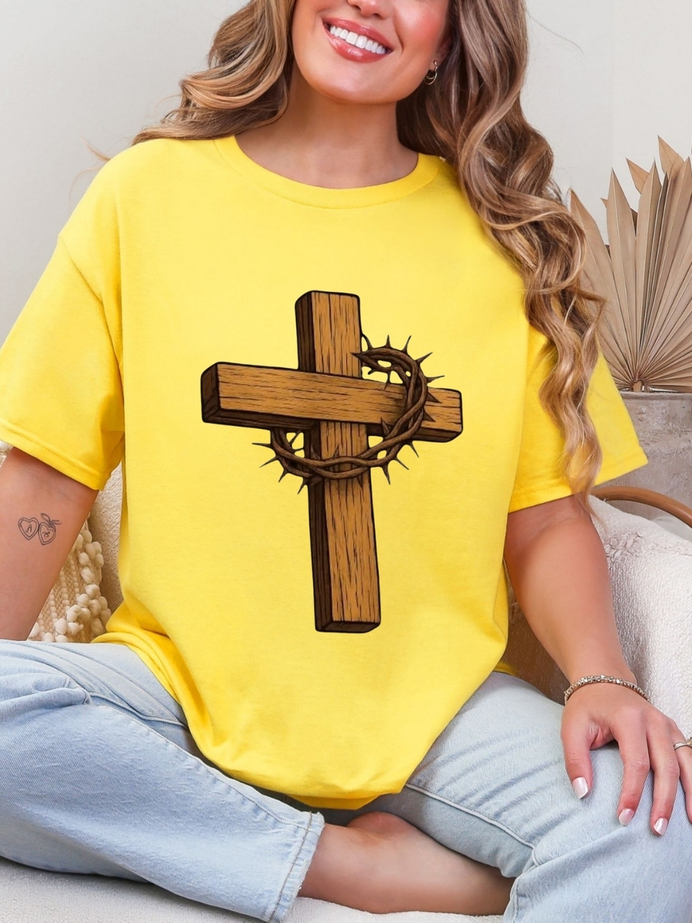 Gildan Yellow Short Sleeve Tee with Wood Cross and Crown of Thorns Graphic